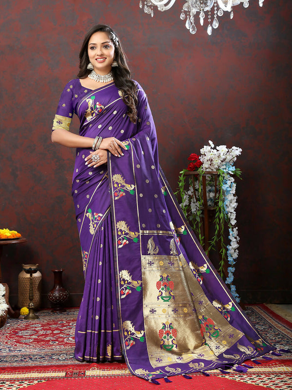 Lorenvalley Fashion Purple Soft Paithani Silk Woven Design Gold Zari Meenakari Weaving Saree - Distacart