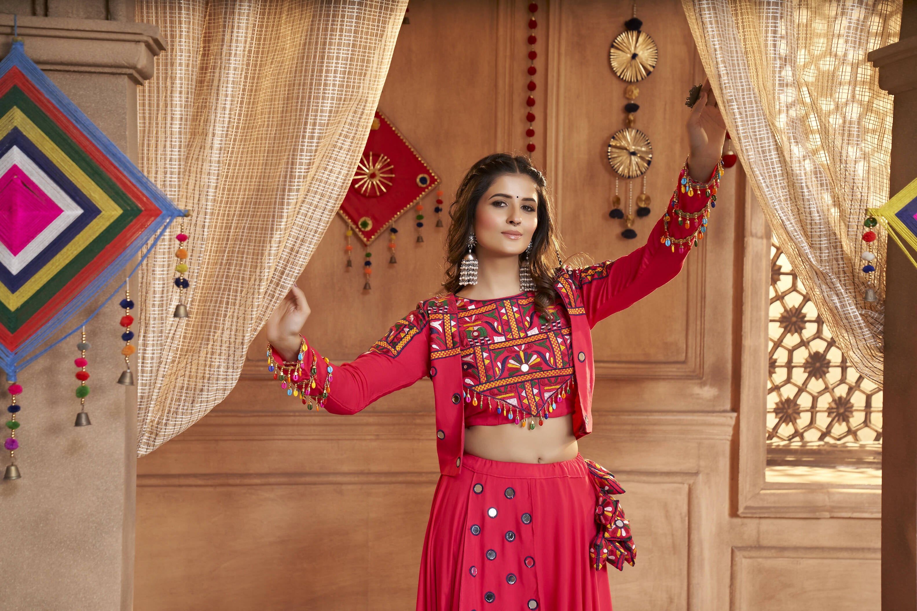 Rani Pink Viscose Rayon Thread Embroidered Work With Mirror All Over Navratri Lehenga Choli With Dupatta - Raas - Distacart