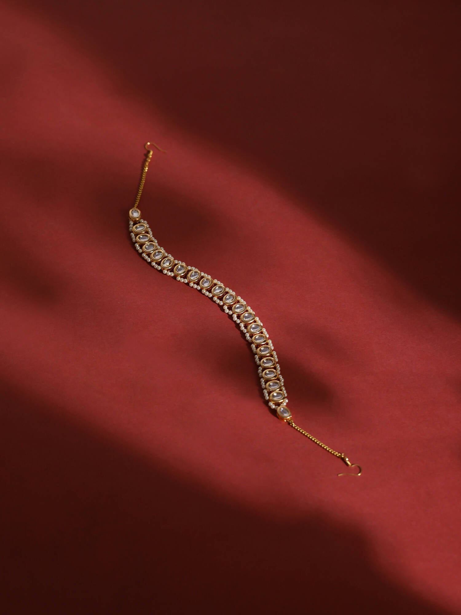 Gold-Plated White Kundan-Studded Pearl Beaded Hair Band - Ruby Raang - Distacart