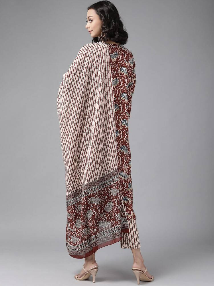 Yufta Women Maroon Pure Cotton Ethnic Motifs Printed Kurta with Palazzo & Dupatta