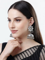 Thumbnail for NVR Women Silver Mirror Oxidised Brass-Plated Jhumka Earrings - Distacart