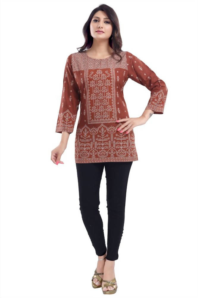 Snehal Creations Rust Faux Crepe Short Kurti Tunic Top