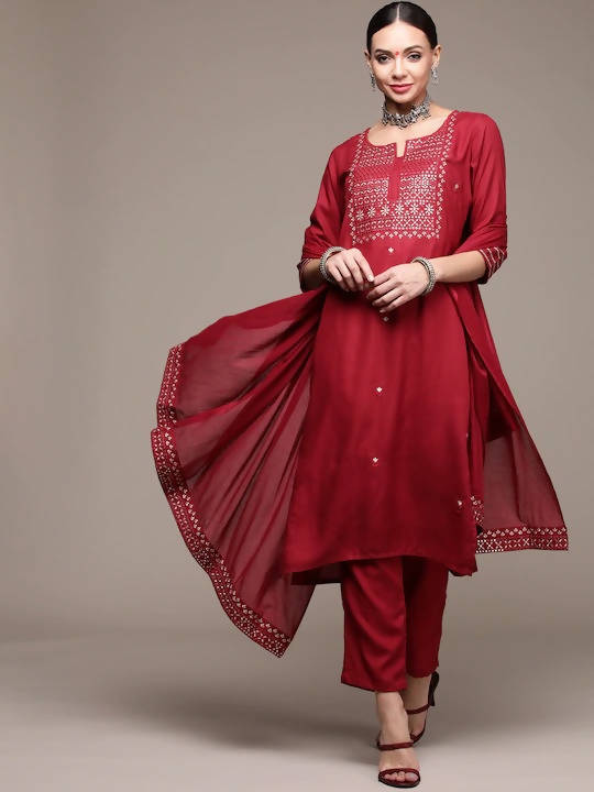 Anubhutee Maroon Floral Embroidered Mirror Work Kurta with Trousers &amp; With Dupatta - Distacart
