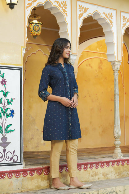 Juniper Women's Blue Cotton Flex Printed A-Line Kurta - Distacart