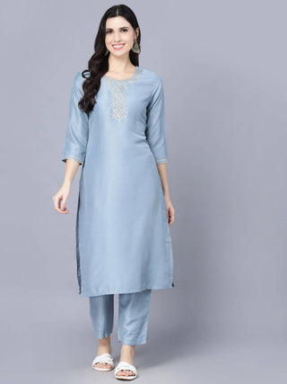 Myshka Women Blue Ethnic Motifs Panelled Kurta with Trousers With Dupatta - Distacart
