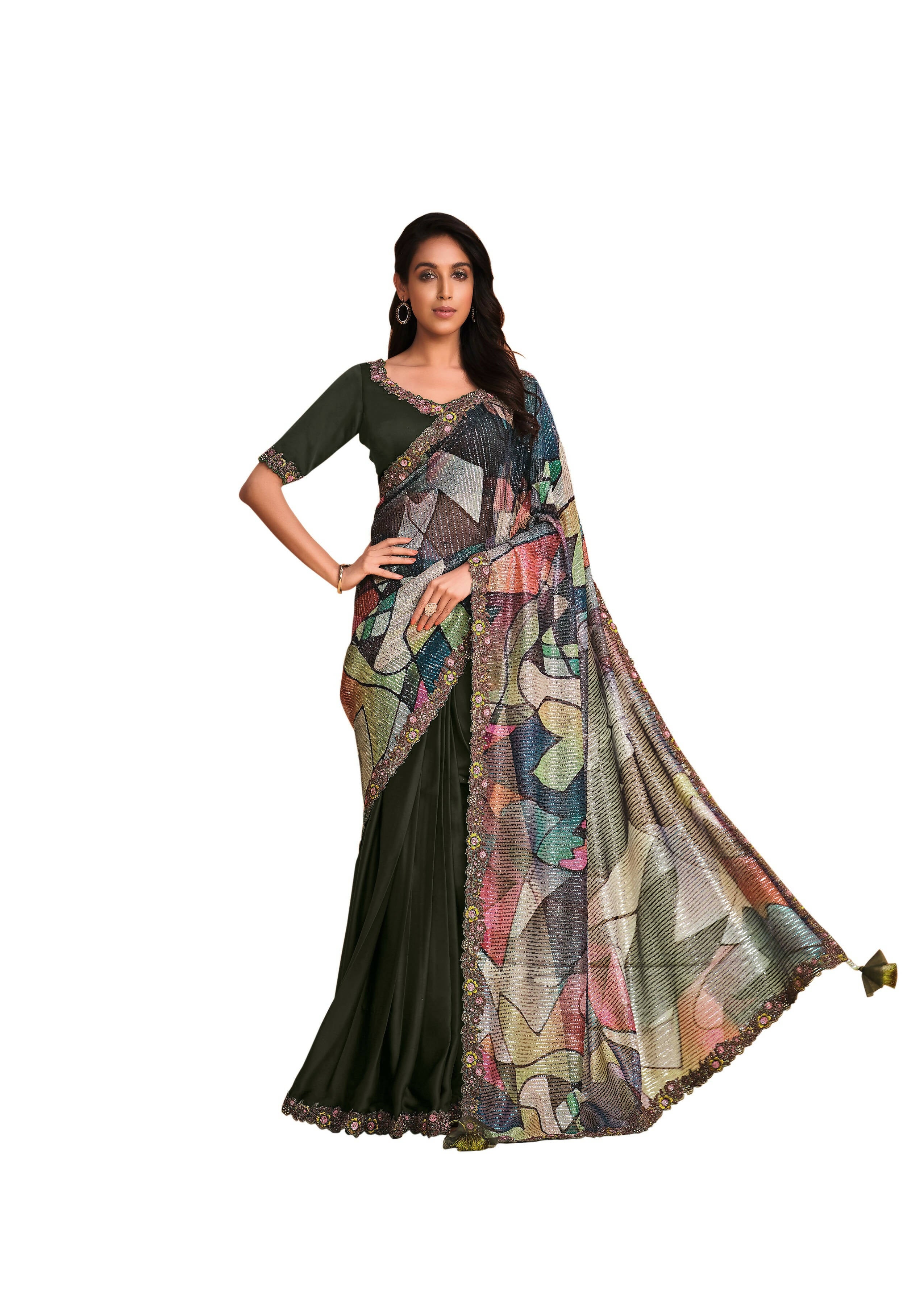 Green Satin Crepe Silk Sequence Embroidered Saree With Unstitched Blouse - Mohmanthan Yavanika - Distacart