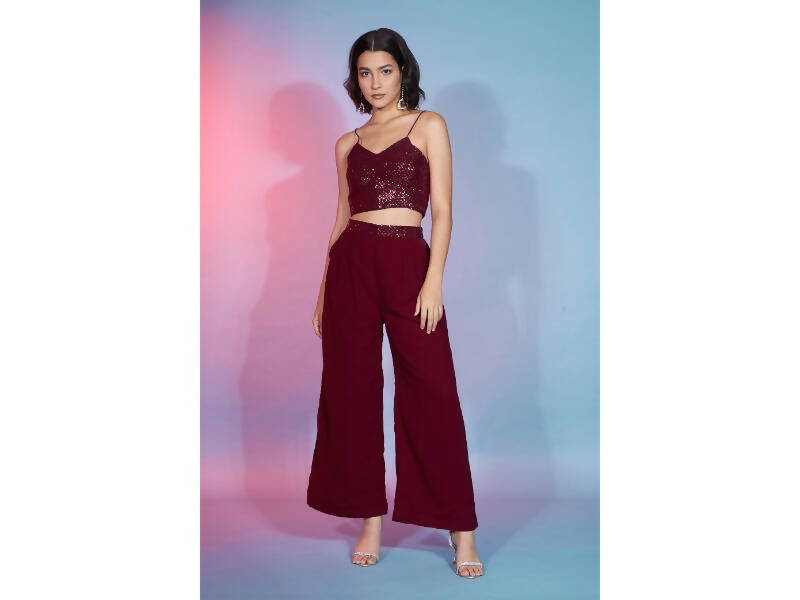 Red Georgette Sequence With Thread Designer Co-Ord Set - Flory - Distacart
