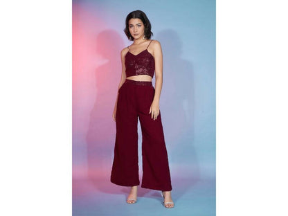 Red Georgette Sequence With Thread Designer Co-Ord Set - Flory - Distacart
