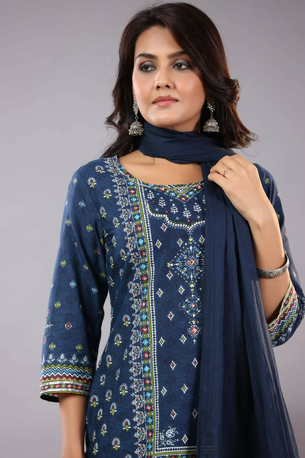 Juniper Women Indigo Cotton Cambric Printed Kurta, Palazzo and Dupatta Set - Distacart