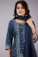 Thumbnail for Juniper Women Indigo Cotton Cambric Printed Kurta, Palazzo and Dupatta Set - Distacart
