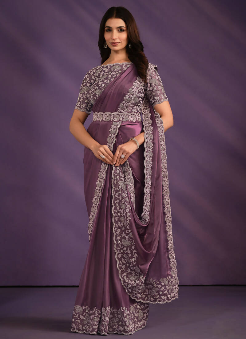 Light Purple Crepe Satin Silk Embroidered Saree With Stitched Blouse - Mohmanthan Exotica - Distacart