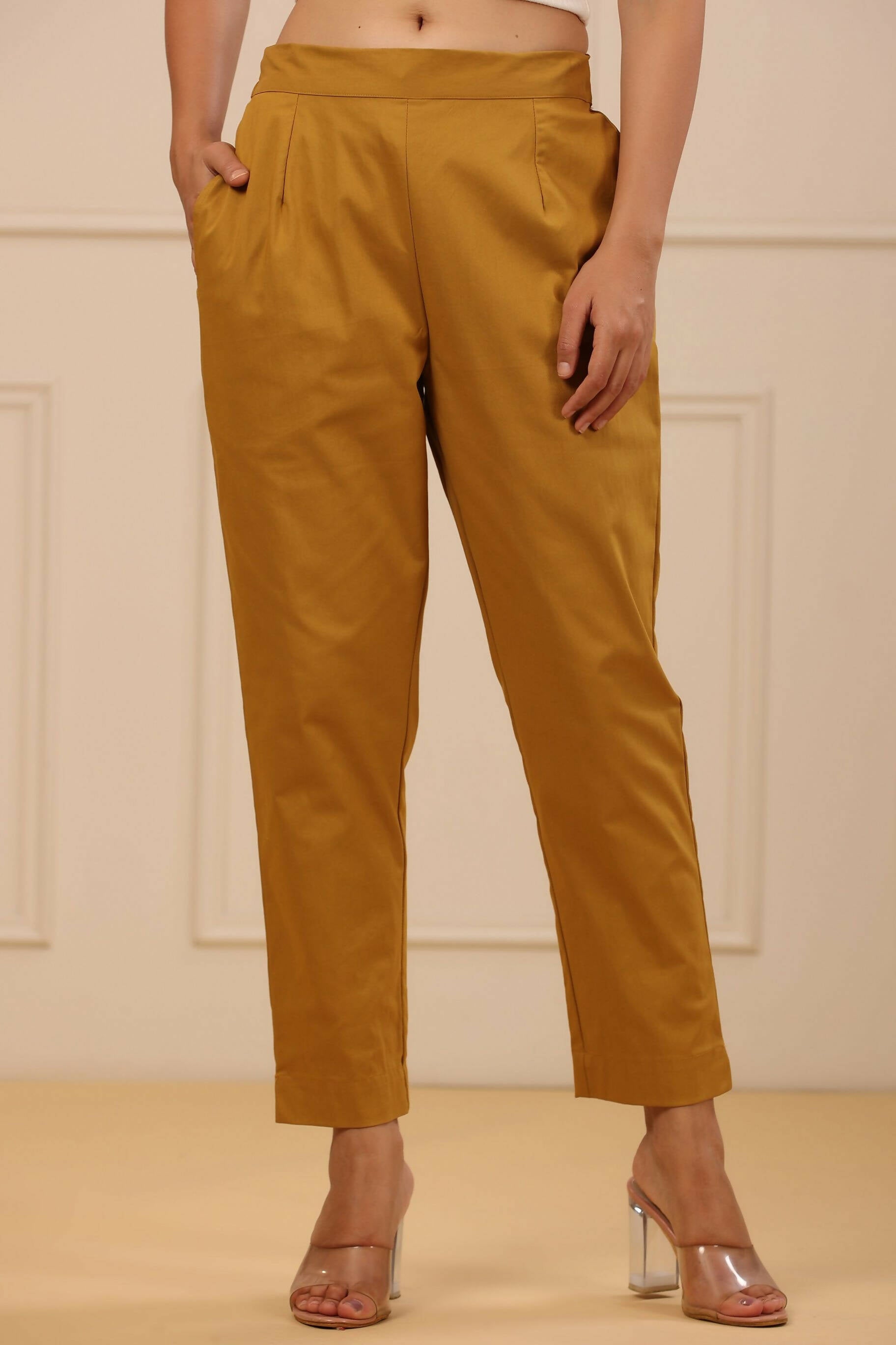 Juniper Women's Mustard Cotton Spendex Solid Straight Pant - Distacart