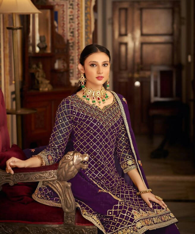 Purple Heavy Chinon Semi Stitched Kurta with Bottom & Dupatta - Dhvani - Distacart
