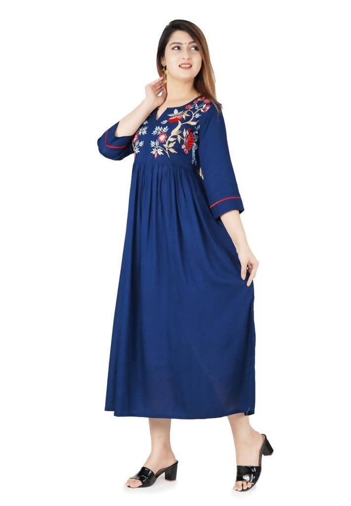Vamika Blue Rayon Embroidery Party/Casual Wear Kurti