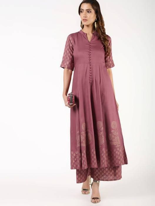 Aniyah Rayon Block Print Anarkali Flared Kurta With Palazzo Set Dusty Pink (AN-156K)