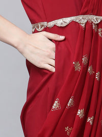 Thumbnail for Ahalyaa Women Maroon Crepe Georgette Printed Saree Dress With Printed Pallu - Distacart
