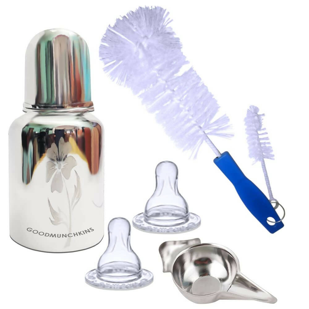 Goodmunchkins Stainless Steel Feeding Bottle with Bottle Cleaning Brush/Chakku/Anti Colic Silicone Nipple Combo-(150ml,Blue) - Distacart