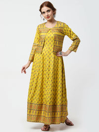 Thumbnail for Cheera Women's Mustard Viscose Cotton Long Kalidar Kurta With Jacket - Distacart