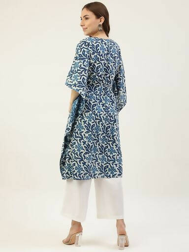 FIORRA Women's Printed Pure Cotton Kaftan Kurta - Blue - Distacart