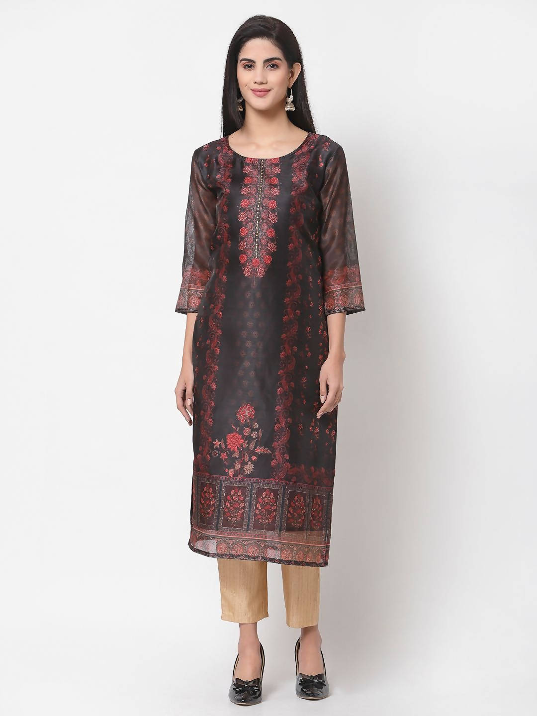 Myshka Multi Printed Chanderi Silk 3/4 Sleeve Round Neck Casual Kurta