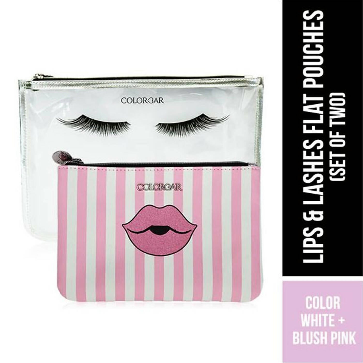 Colorbar Pouch Lips & Lashes Flat Pouches (Set Of Two) - White+Blush Pink - Distacart