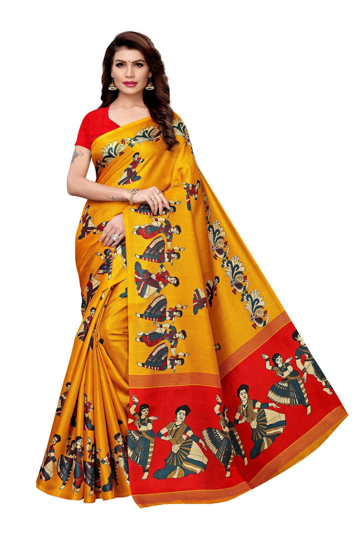Vamika Latest Fashion Yellow Kalamkari With Jhalar Khadi Silk Saree - Distacart