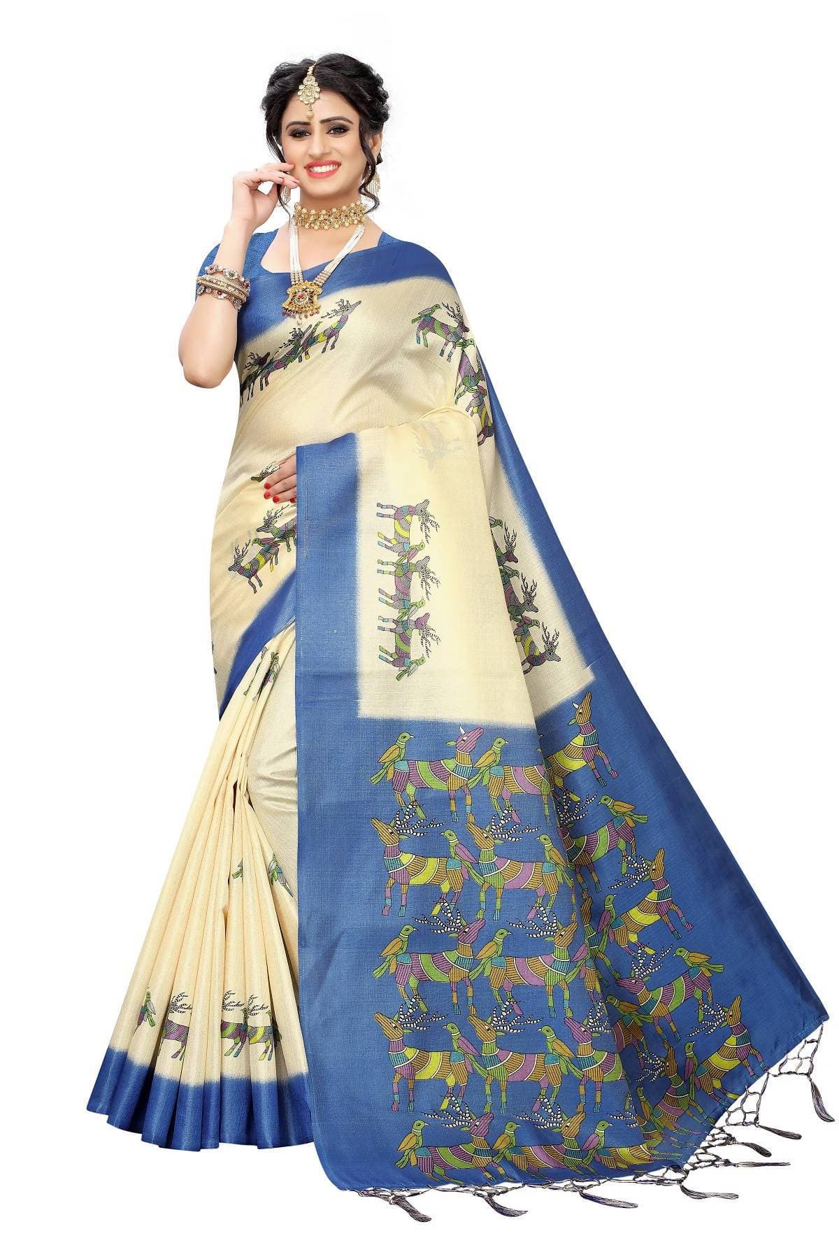 Vamika Multicolor & Blue Kalamkari With Jhalar Khadi Silk Saree
