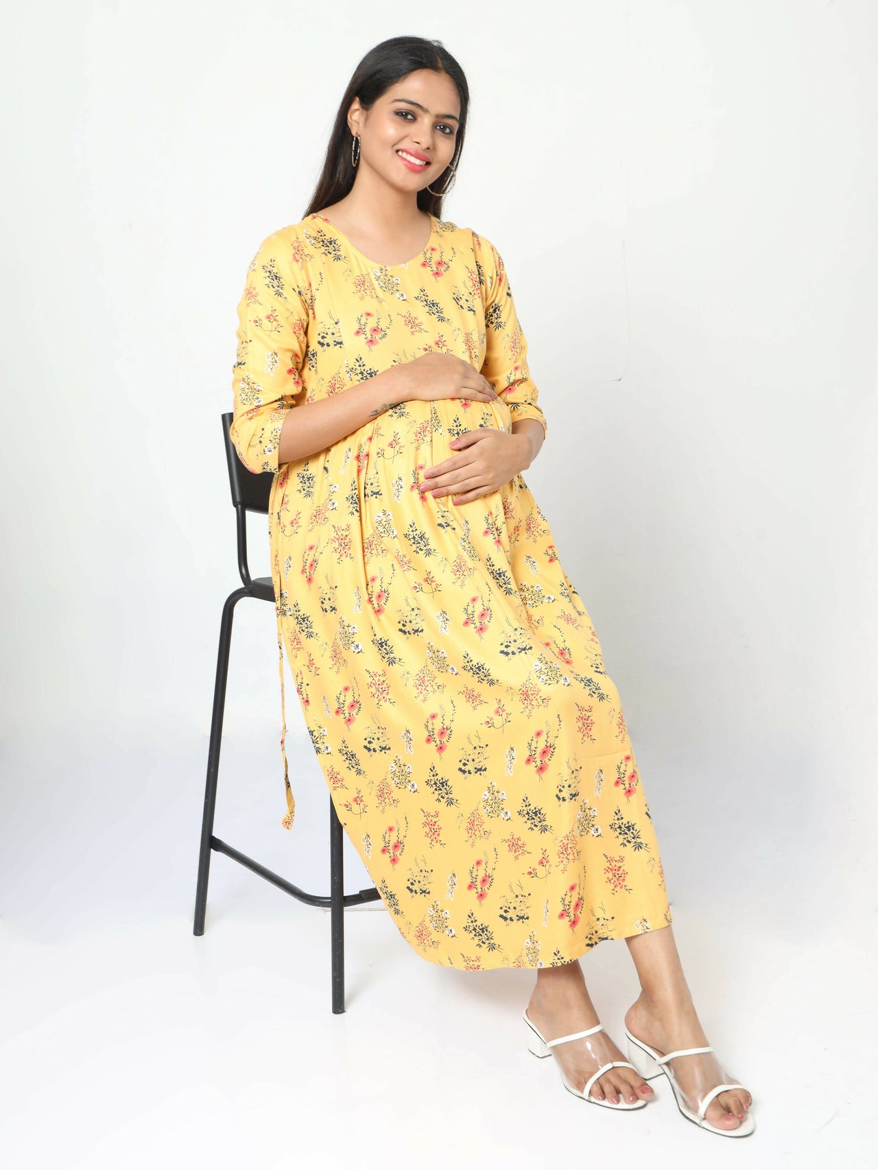 Manet Three Fourth Maternity Dress Floral Print With Concealed Zipper Nursing Access - Yellow - Distacart