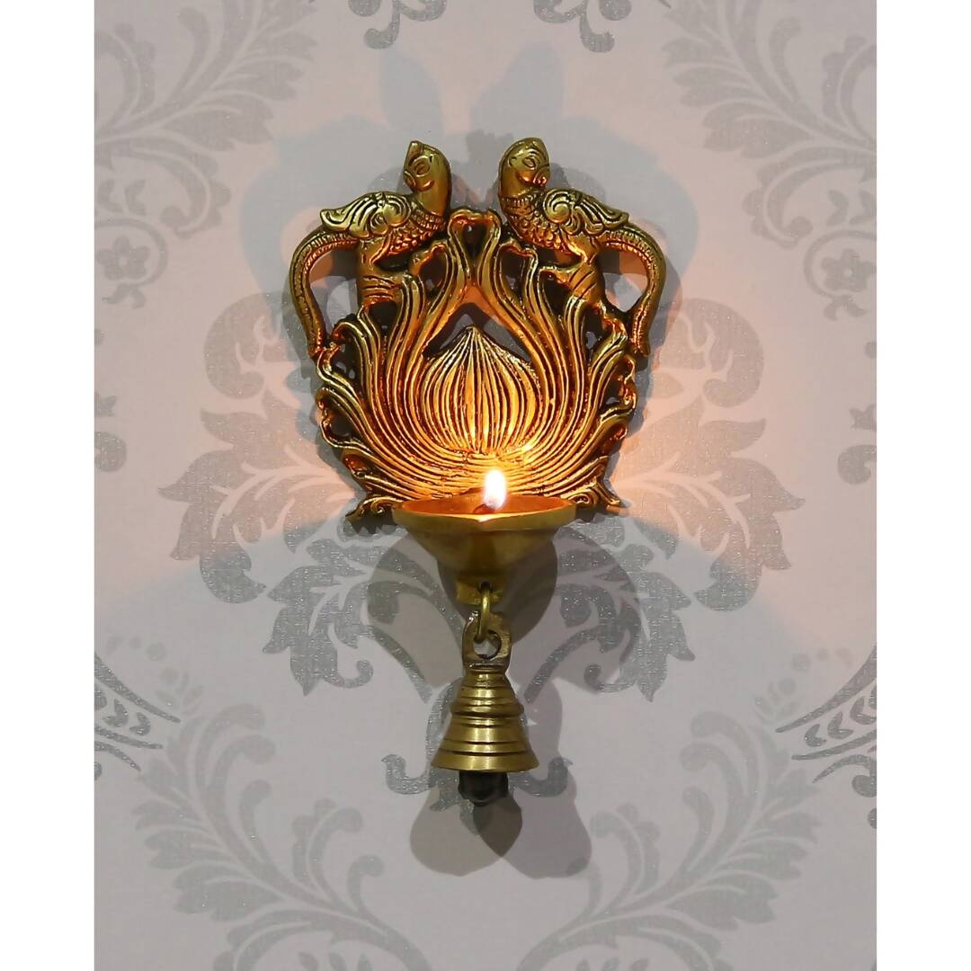 eCraftIndia Gold-Toned Handcrafted Antique Finish Diya with Bells Decorative Wall Hanging Showpiece - Distacart
