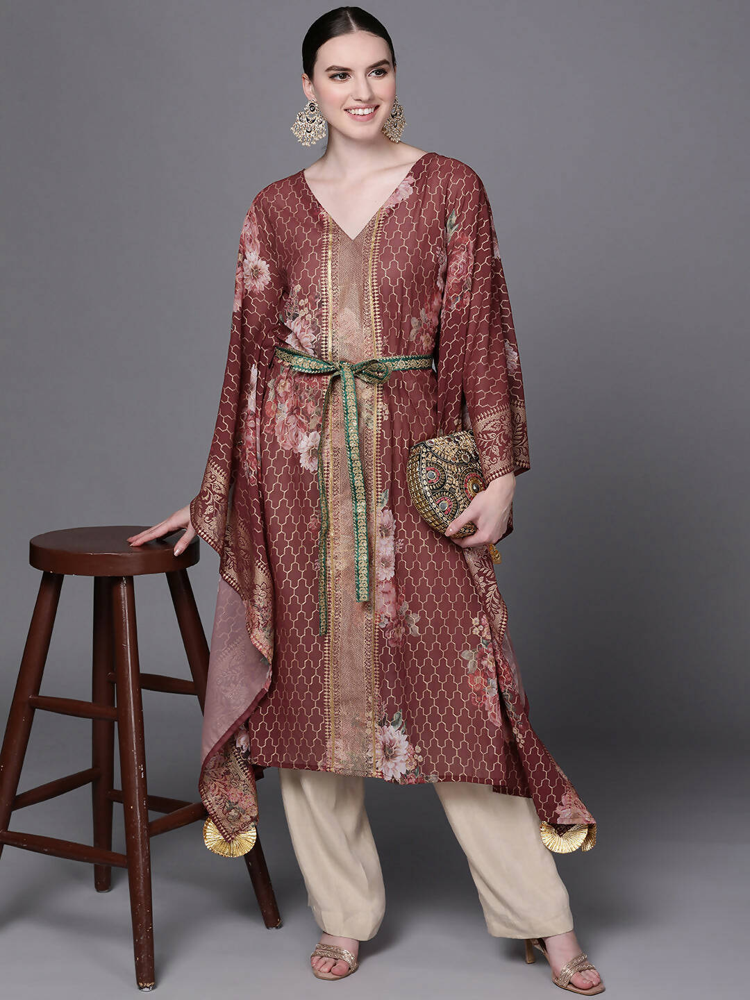 Ahalyaa Women Maroon Floral Printed Flared Sleeves Kaftan Kurta - Distacart