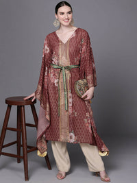 Thumbnail for Ahalyaa Women Maroon Floral Printed Flared Sleeves Kaftan Kurta - Distacart