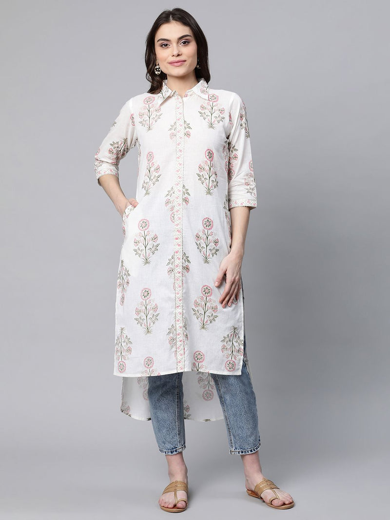 Ahalyaa Women&#39;s Off White Pure Cotton Floral Printed Kurta - Distacart