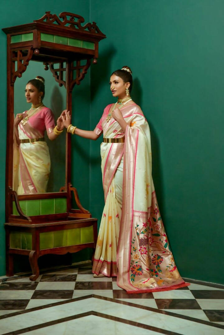 Vishnu Weaves Women's Cream Paithani Silk Zari Woven Saree with Unstitched Blouse - Distacart