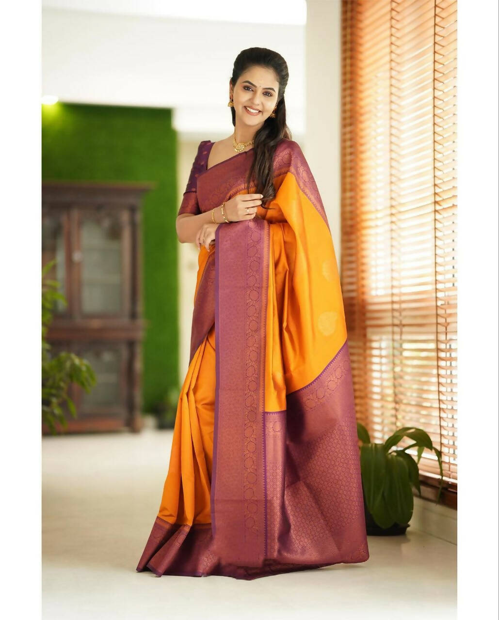 DEIANA'S Beautiful Golden Jari with New Design Soft Lichi Silk Saree - Yellow - Distacart