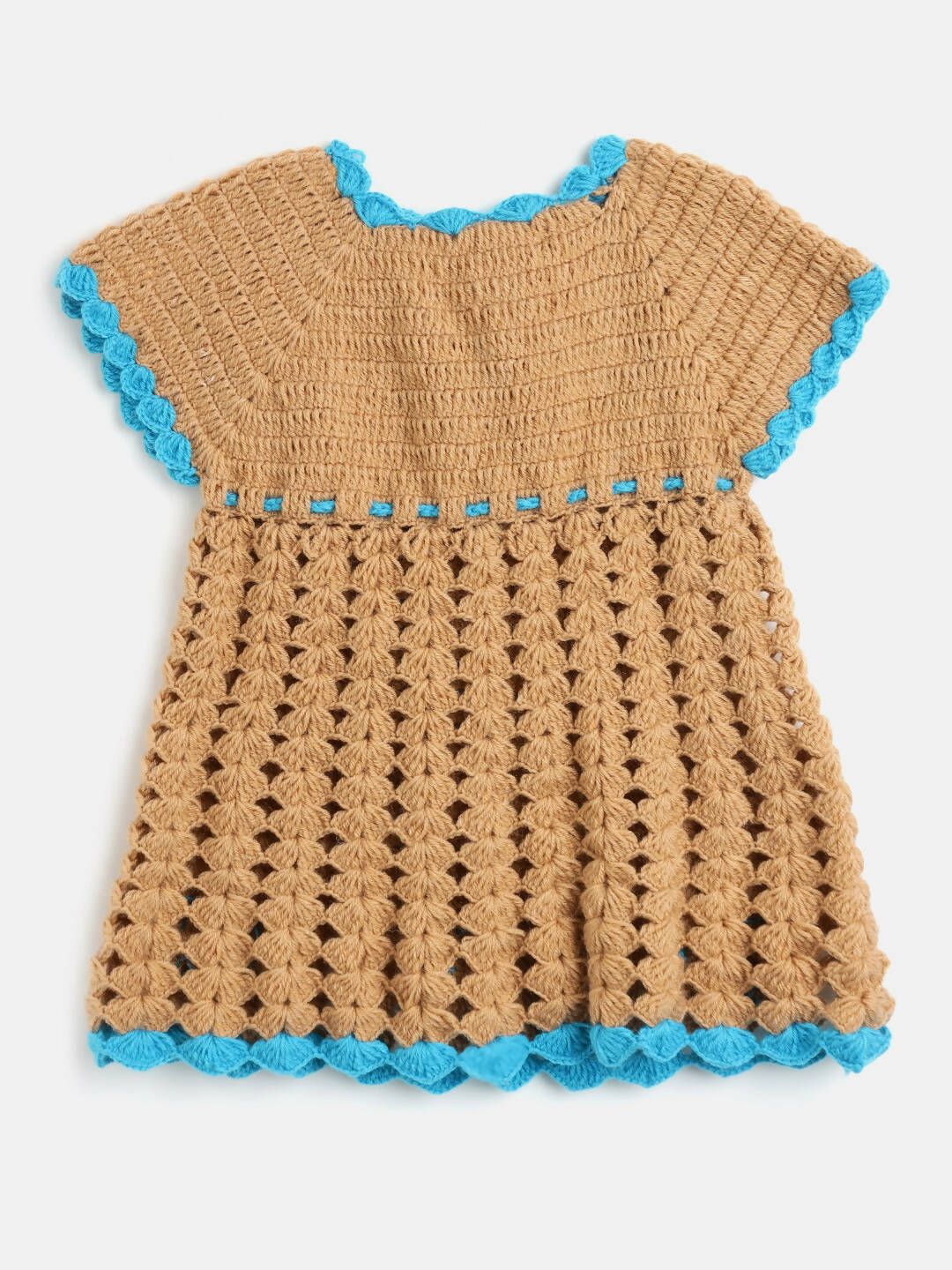 Chutput Kids Woollen Hand Knitted Full Sleeves Cardigan With Short Sleeves Flower Work Dress - Blue - Distacart