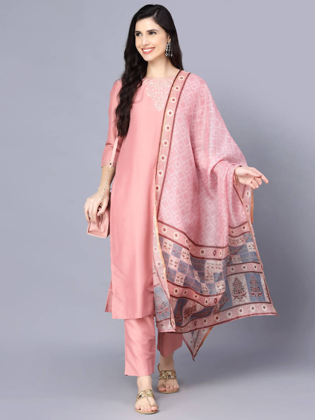Myshka Women Peach-Coloured Layered Kurta with Trousers With Dupatta - Distacart