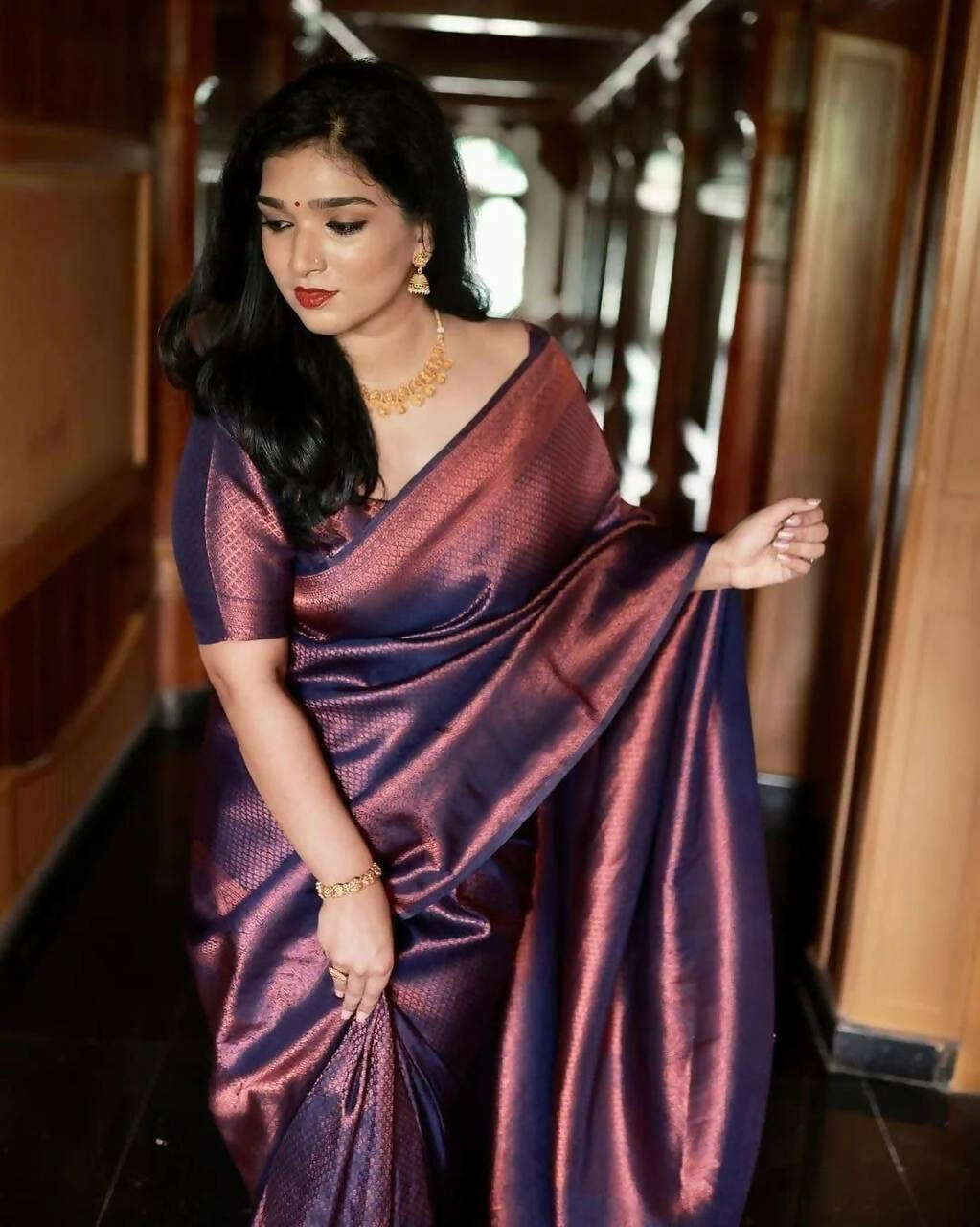 DEIANA'S Beautiful Golden Jari with New Design Soft Lichi Silk Saree - Purple - Distacart