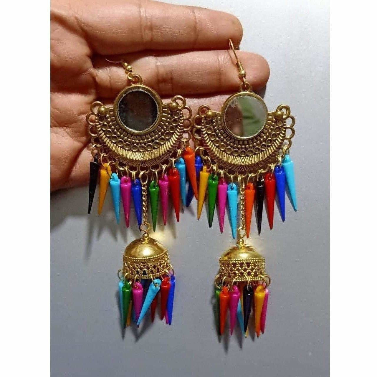 Gold Color Earrings With Jhumka And Multicolor Metal Drops