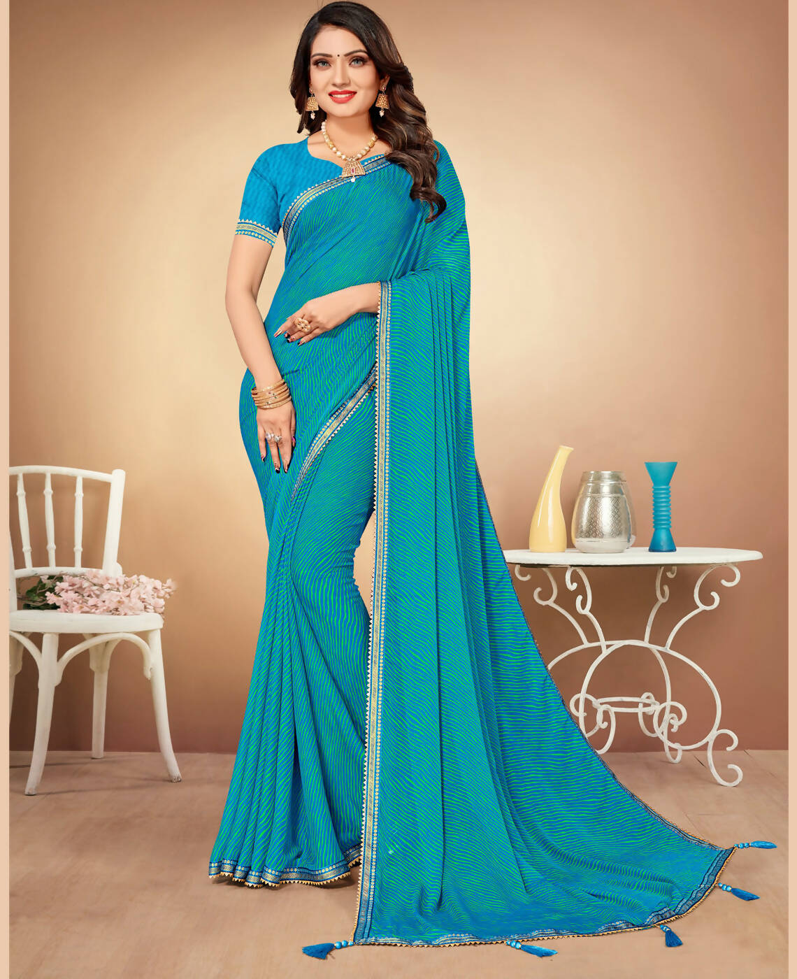 Sky Blue Chiffon Leheriya Printed Saree With Unstitched Blouse Piece - Swarna - Distacart
