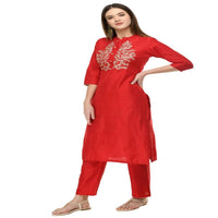 Thumbnail for Lagi Women's Red Poly silk Straight Embroidred Kurta & Pant (RO116B)