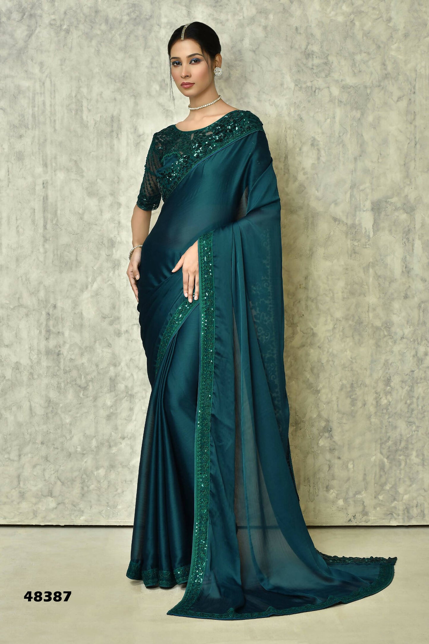 Teal Silk Solid Designer Saree with Blouse - Purvi - Distacart