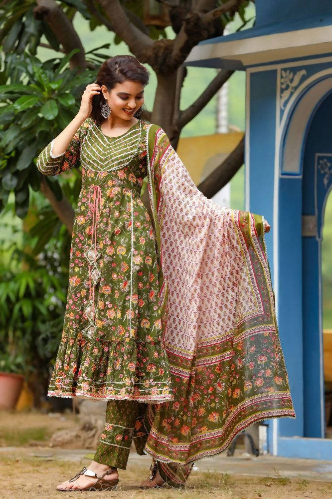 Yufta Women Green Printed Kurta With Trouser & Dupatta