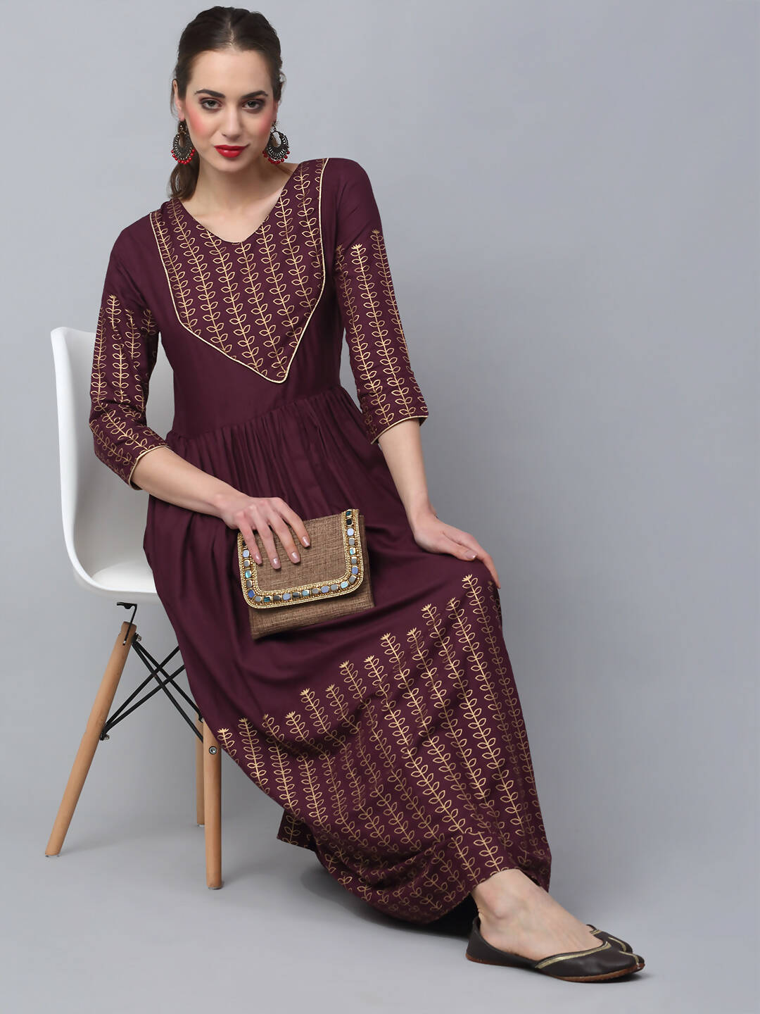 Rudra Bazaar Gold Printed A-Line Flared Brown Kurti - Distacart