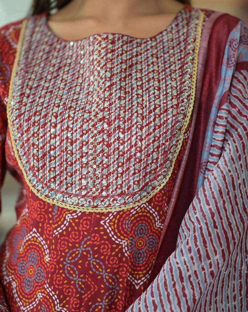 Yufta Women Red Handblock Printed A-Line Kurta & Trouser With Embroidery & Dupatta