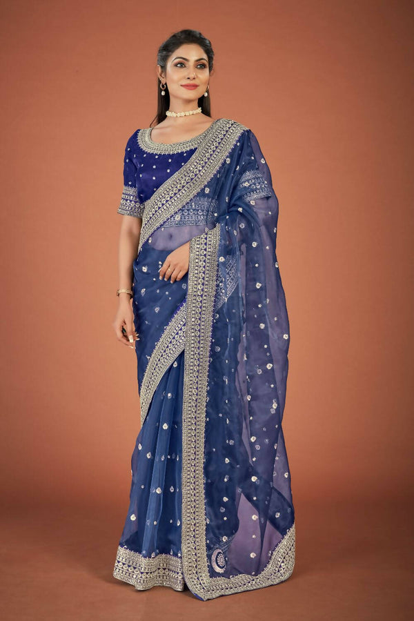 Vamsee Navy Blue Organza Saree - Distacart