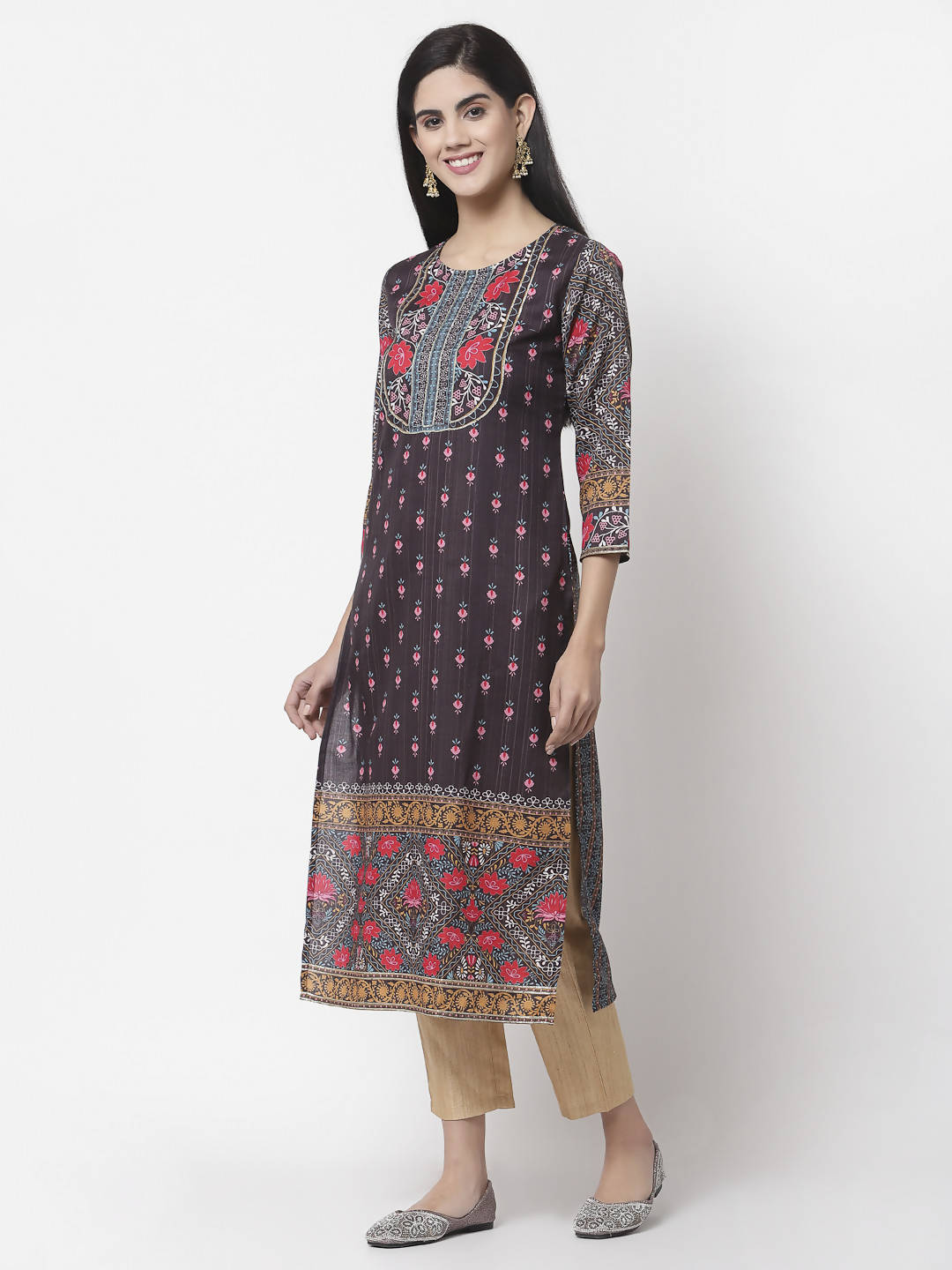 Myshka Women Multicolor Cotton Blend Printed 3/4 Sleeve Round Neck Kurta
