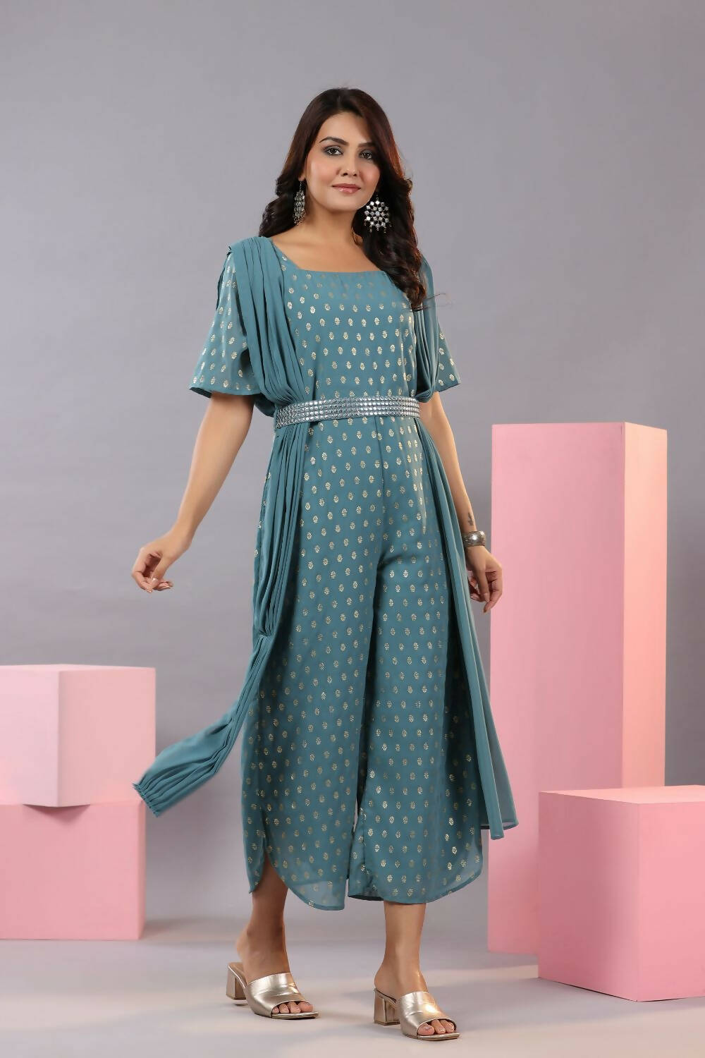 Juniper Women Teal Georgette Foil Printed Draped Jumpsuit - Distacart