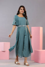 Thumbnail for Juniper Women Teal Georgette Foil Printed Draped Jumpsuit - Distacart