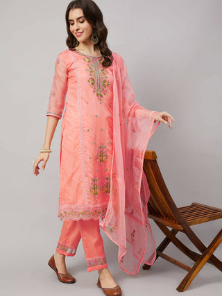 Peach Organza Embroidered Kurta with Bottom & Dupatta - Salimar - Distacart