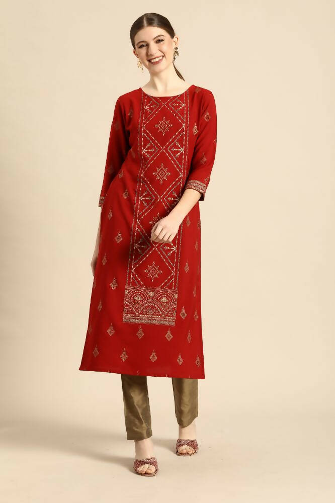 Janasya Women's Rust Crepe Ethnic Motifs Casual Straight Kurta - Distacart